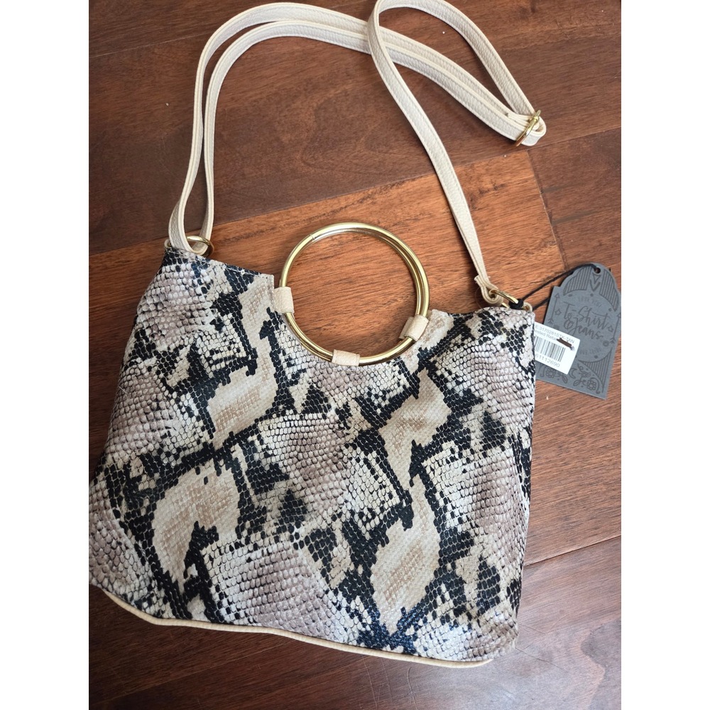T-Shirt & Jeans Snakeskin Print Ring‎ Handle Crossbody Bag Tan Black